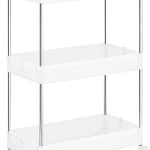 SONGMICS Slim Storage Cart, 3-Tier Rolling Cart, Narrow Utility Cart on Wheels, 6 Hooks, 360° Swivel Wheels, Lockable, Steel Frame, Bathroom, Kitchen, Office, Cloud White UKSC009W01