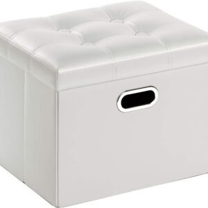 COSYLAND Storage Ottoman 17x13x13in Leather Ottoman Rectangle Foot Rest Foot Stool Folding Ottoman for Room Dorm Small Collapsible Bench Seat Organizer Entryway Furniture with Handles Lid White