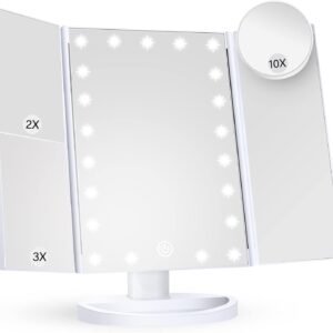 Makeup Mirror Vanity Mirror with Lights, 2X 3X 10X Magnification, Lighted Makeup Mirror, Touch Control, Trifold Makeup Mirror, Dual Power Supply, Portable LED Makeup Mirror, Women Gift (White)