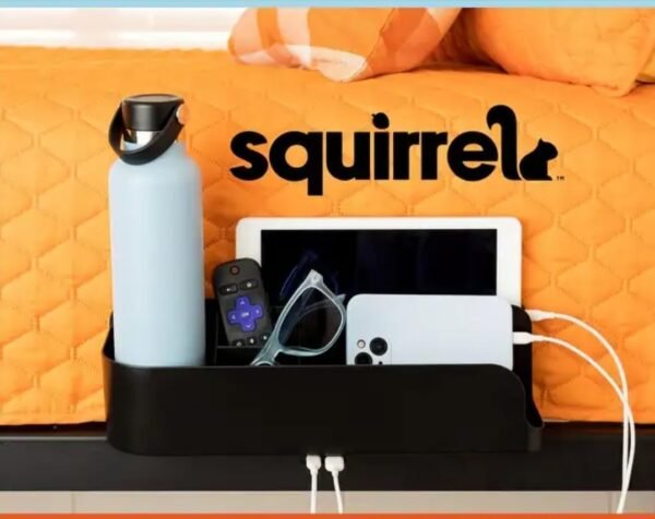 Squirrel-Bedside Perch for College Dorm Room Lofted Bed, Floating Organizer with USB-C & A Charging Ports, Small Spaces, Bed Side Caddy & Nightstand, Device & Cup Holder, Dorm Essential, Black - Image 2