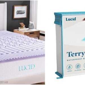 LUCID 2 Inch 5 Zone Lavender Memory Foam Mattress Topper – Twin XL & Premium Hypoallergenic 100% Waterproof Mattress Protector – Universal Fit, Cotton Terry Top, Twin XL