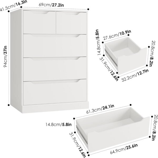 HOSTACK Modern 5 Drawer Dresser for Bedroom, Chest of Drawers with Storage, Wood Storage Chest Organizers with Cut-Out Handles, Accent Storage Cabinet for Living Room, Entryway, Hallway, White - Image 3