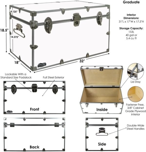 C&N Footlockers - XL Graduate Storage Trunk w/Wheels - Made in the USA - STEEL Footlocker for College Dorm Room & Summer Camp - 32 x 18 x 18.5 Inches (Gold) - Image 2