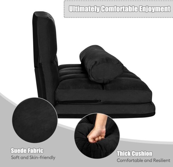KOMFOTT Adjustable Floor Sofa Bed, Foldable Lazy Sofa Sleeper Bed with 6 Position Backrest & 2 Pillows, Convertible Futon Couch Bed with Suede Cloth Cover, Lounge Recliner for Living Room (Black) - Image 6