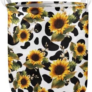 Cow Print Sunflower Large Sized Storage Baskets,Canvas Waterproof Storage Bin,Collapsible Organizer Baskets for Home,Office,Toy Bins,Laundry Hamper