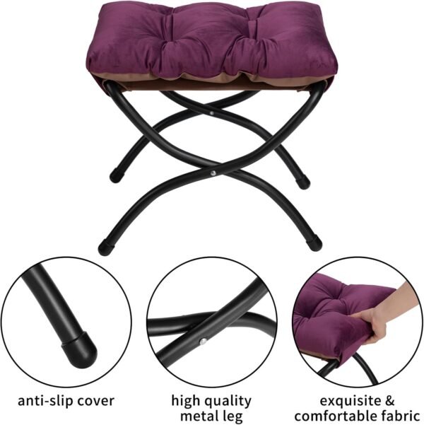 AcozyHom Modern Fabric Lazy Chair and Folding Footrest Stool Set, Accent Contemporary Lounge Chair and Portable Ottoman, Steel Frame Leisure Sofa Chair and Metal Cotton Footstool, Deep Purple - Image 9