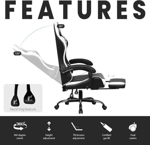 N-GEN GAMING Video Gaming Chair with Footrest High Back Ergonomic Comfortable Office Computer Desk with Lumbar Support Height Adjustable with PU Leather Recliner for Adults Women Men (White) - Image 5
