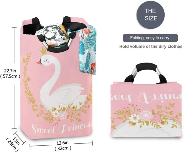 OREZI Cute Swan Princess Laundry Hamper,Waterproof and Foldable Laundry Bag with Handles for Baby Nursery College Dorms Kids Bedroom Bathroom - Image 5