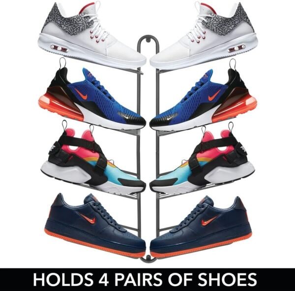 mDesign Modern Metal Shoe Organizer Display & Storage Shelf Rack - Hang & Store Your Collection of Kicks, Running, Basketball, Trainers, Tennis Shoes, 4 Tier, Holds 8 Shoes, Wall Mount - Graphite Gray - Image 3