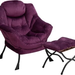 AcozyHom Modern Fabric Lazy Chair and Folding Footrest Stool Set, Accent Contemporary Lounge Chair and Portable Ottoman, Steel Frame Leisure Sofa Chair and Metal Cotton Footstool, Deep Purple