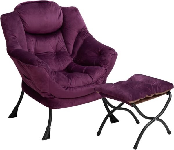 AcozyHom Modern Fabric Lazy Chair and Folding Footrest Stool Set, Accent Contemporary Lounge Chair and Portable Ottoman, Steel Frame Leisure Sofa Chair and Metal Cotton Footstool, Deep Purple
