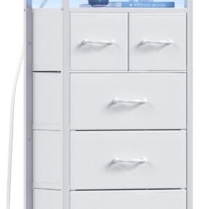 Furnulem Tall Nightstand with 5 Fabric Drawers, White Dresser for Bedroom with LED Lights and Charging Station, Vertical Bedside Table for Hallway, Entryway, Wood Top, Living Room Furniture