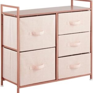 mDesign 30.03″ High Steel Frame/Wood Top Storage Dresser Furniture Unit, 5 Removable Fabric Drawers – Tall Bureau Organizer for Bedroom, Living Room, Closet – Lido Collection – Light Pink/Rose Gold