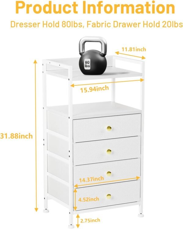White Nightstand with Charging Station, LED Nightstand with 4 Fabric Storage Drawers, Small Dresser for Bedroom, Entryway, Hallway, College Dorm Furniture Tall Nightstand Bedside End Table - Image 3