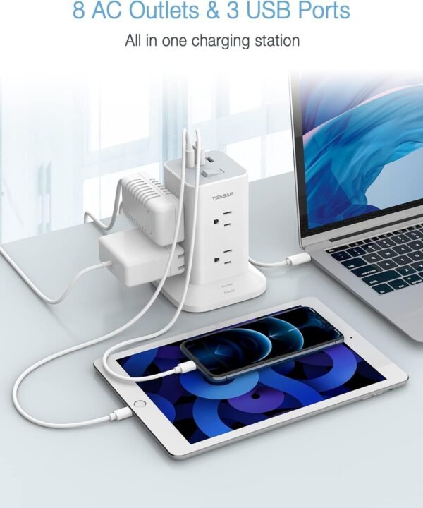 Tower Power Strip with 6 Feet Extension Cord, 8 Outlets 3 USB Chargers, 1700 Joules Surge Protection, Extension Cord with Multiple Outlets, 1875W, Office Supplies, Dorm Essentials, Charging Station - Image 2