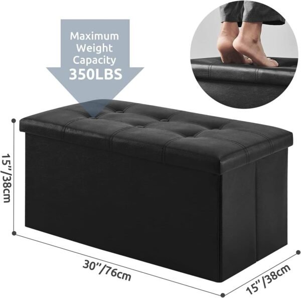 30 inches Folding Storage Ottoman, 80L Storage Bench for Bedroom and Hallway, Faux Leather Black Footrest with Foam Padded Seat, Support 350lbs - Image 2