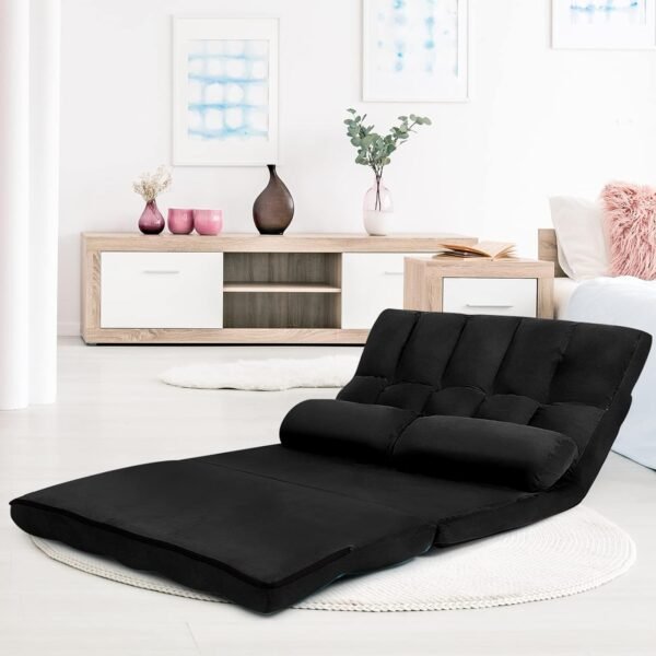 KOMFOTT Adjustable Floor Sofa Bed, Foldable Lazy Sofa Sleeper Bed with 6 Position Backrest & 2 Pillows, Convertible Futon Couch Bed with Suede Cloth Cover, Lounge Recliner for Living Room (Black) - Image 2