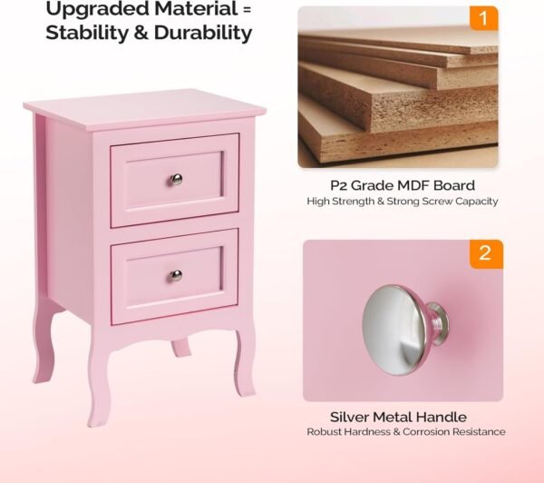 Bonnlo Nightstand with 2 Drawers, Night Stands for Bedrooms, Small Bed Side Table/White Night Stand with drawers for Small Spaces, College Dorm, Kids’ Room, Living Room, French, 16W x 12D x 24H, Pink - Image 3
