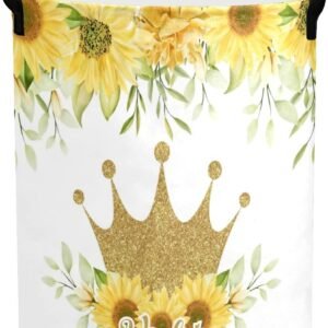 Floral Crown Princess Sunflower Personalized Laundry Basket Hamper,Collapsible Storage Baskets with Handles for Kids Room,Clothes, Nursery Decor