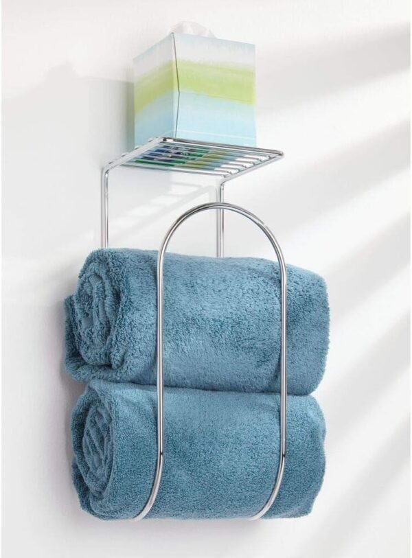 mDesign Modern Metal Wire Wall Mount Towel Rack Holder and Organizer with Storage Shelf - for Bathroom Towels, Washcloths, Hand Towels - Decorative Curved Design - Chrome - Image 2