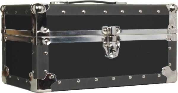 Gilbins Summer Camp and College Dorm Mini Storage Trunk Organizer Keepsake Box Treasure Chest Footlocker Size 14" L x 8" H x 8" W (Black 1)