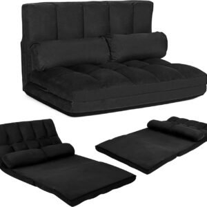KOMFOTT Adjustable Floor Sofa Bed, Foldable Lazy Sofa Sleeper Bed with 6 Position Backrest & 2 Pillows, Convertible Futon Couch Bed with Suede Cloth Cover, Lounge Recliner for Living Room (Black)