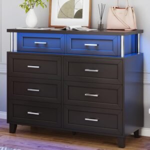 AOGLLATI Black Dresser for Bedroom with Column Design, Dressers & Chests of Drawers, 8 Drawer Dresser with Cladding Process Design, Modern Wide Bedroom LED Dresser for Bedroom