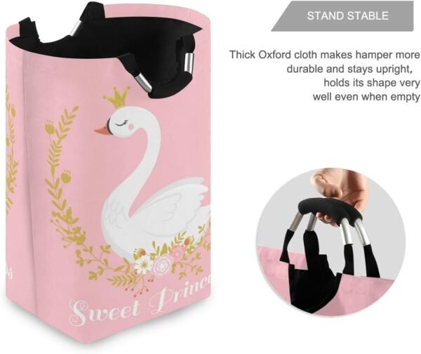OREZI Cute Swan Princess Laundry Hamper,Waterproof and Foldable Laundry Bag with Handles for Baby Nursery College Dorms Kids Bedroom Bathroom - Image 3