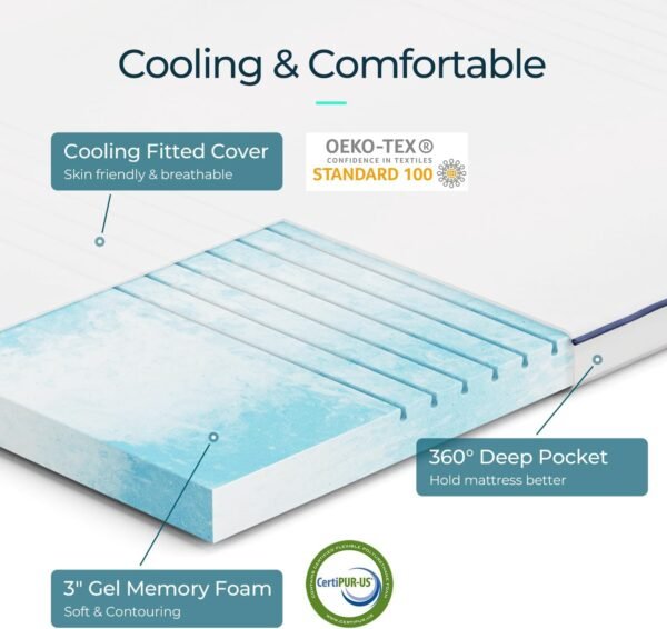LINSY LIVING Cooling Mattress Topper Twin XL, 3 Inch Gel Infused Memory Foam with Deep Pocket Nylon Fabric, Soft Mattress Topper for XL Twin Size Bed - Image 2