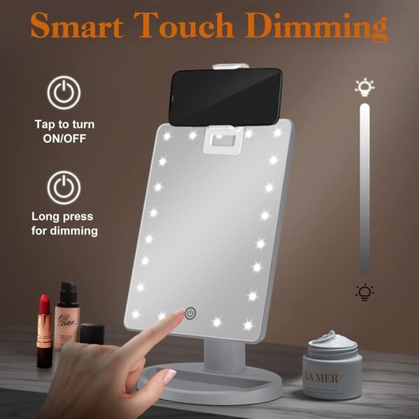 Lighted Makeup Vanity Mirror with Phone Holder and 10X Magnifying Mirror, 21 LED Lighted Mirror with Touch Sensor Dimming, 180°Adjustable Rotation, Dual Power Supply, Portable Cosmetic Mirror - Image 3