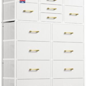 Dresser for Bedroom with 16 Drawers, Tall Dresser Organizer for Closet, Entry, Living Room, Nursery, Dorm, Chest of Drawers with Fabric Bins, Leather Front, Metal Handle, Glacier White