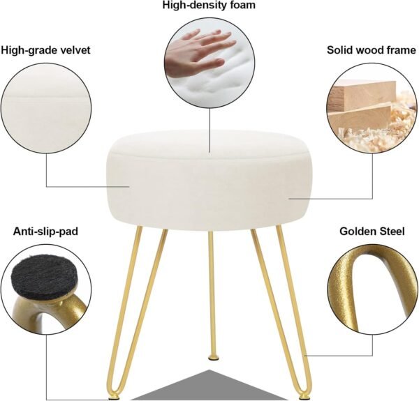 GERANT Multifunctional Vanity Stools - Velvet Round Ottoman Modern Dressing Stool -Upholstered Footrest Stool - Side Table Footstool with Golden Metal Leg for Living Room, Bedroom(Beige) - Image 5