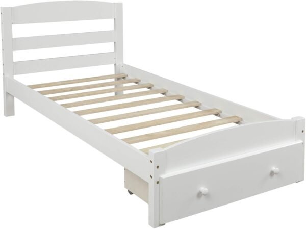 P PURLOVE Platform Twin Bed Frame with Storage Drawer and Wood Slat Support No Box Spring Needed, White - Image 5