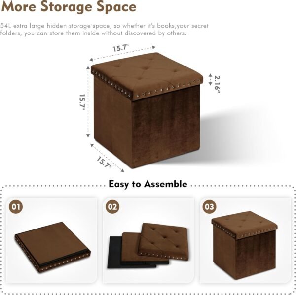 B FSOBEIIALEO Storage-Ottoman Cube-Folding Tufted - Ottomans with Storage, Coffee Table Top Cover, Toy Chest Storage Boxes Footrest stool for Bedroom, Luxury Velvet Fabric 15.7 Inches Brown - Image 3