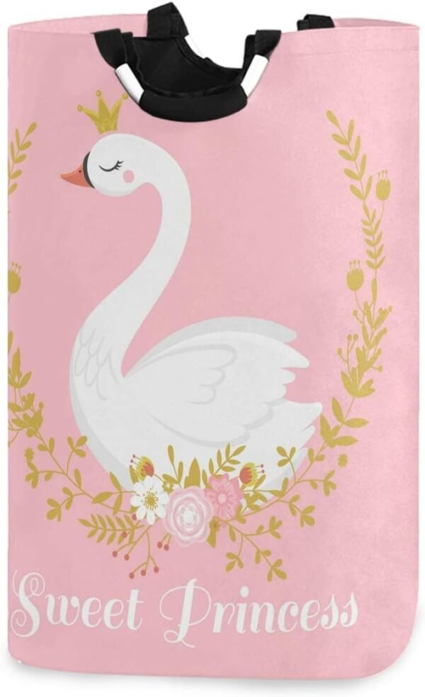 OREZI Cute Swan Princess Laundry Hamper,Waterproof and Foldable Laundry Bag with Handles for Baby Nursery College Dorms Kids Bedroom Bathroom
