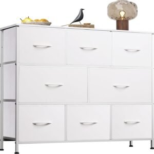 WLIVE Fabric Dresser, Storage Drawer Unit, Bedroom Dresser TV Stand for 32 40 43 inch TV, Wide Dresser with 8 Large Deep Drawers for Office, College Dorm, White