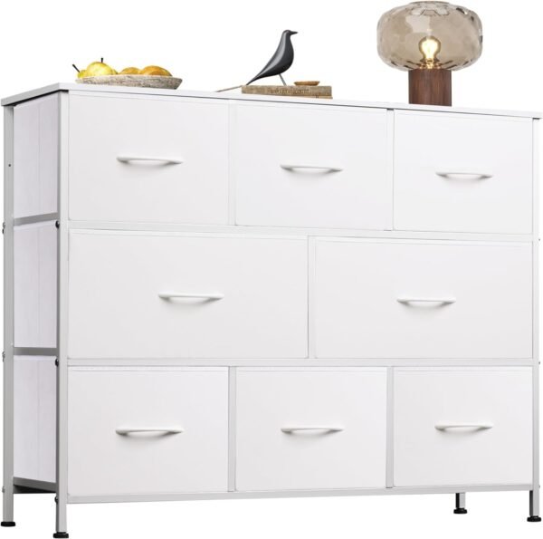 WLIVE Fabric Dresser, Storage Drawer Unit, Bedroom Dresser TV Stand for 32 40 43 inch TV, Wide Dresser with 8 Large Deep Drawers for Office, College Dorm, White