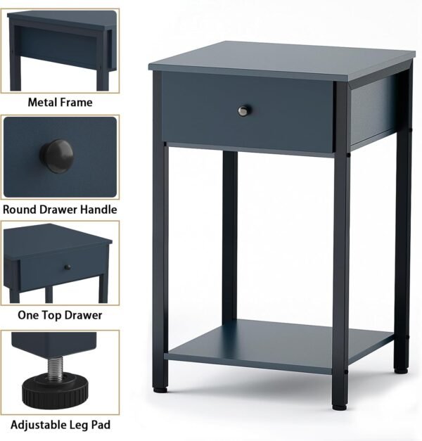 Ecoprsio Nightstand Set of 2 Modern End Table Side Table with Drawer and Storage Shelf Wood Night Stand Dark Blue Bedside Table for Bedroom, Living Room, Sofa Couch, Hall, Easy Assembly, Dark Blue - Image 4