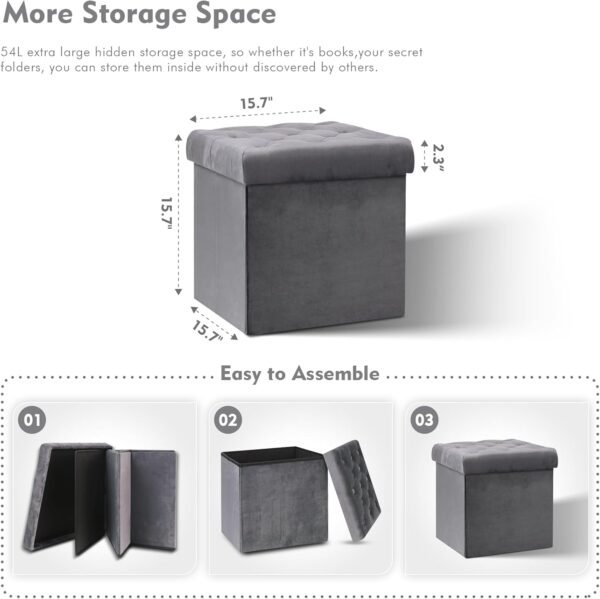 B FSOBEIIALEO Storage Ottoman Cube, Velvet Tufted Folding Ottomans with Lid, Footstool Rest Padded Seat for Bedroom (Grey, Medium) - Image 6