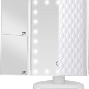 Trifold Vanity Mirror with Lights，Tabletop Mount Makeup Mirror with Lights and 1x/2x/3x Magnification 21LED Mirror Touch Screen Two Power Supply Modes Make Up Mirror