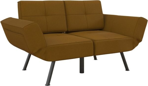 REALROOMS Euro Upholstered Tufted Loveseat Futon with Storage Pockets, Mustard Yellow - Image 6