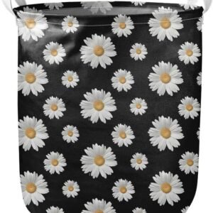 Daisy Flower Print Laundry Hamper with Handles,Black Collapsible Laundry Basket for Storage Bin Kids Room,Home Organizer,Nursery Storage,Baby Hamper,18.5 by 16.1 inches