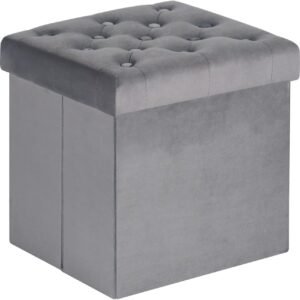 B FSOBEIIALEO Storage Ottoman Cube, Velvet Tufted Folding Ottomans with Lid, Footstool Rest Padded Seat for Bedroom (Grey, Medium)