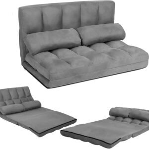 KOMFOTT Adjustable Floor Sofa Bed, Foldable Lazy Sofa Sleeper Bed with 6 Position Backrest & 2 Pillows, Convertible Futon Couch Bed with Suede Cloth Cover, Lounge Recliner for Living Room