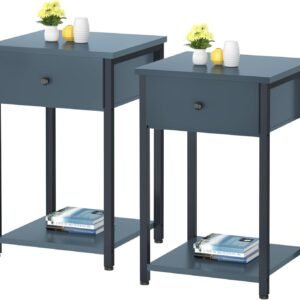 Ecoprsio Nightstand Set of 2 Modern End Table Side Table with Drawer and Storage Shelf Wood Night Stand Dark Blue Bedside Table for Bedroom, Living Room, Sofa Couch, Hall, Easy Assembly, Dark Blue