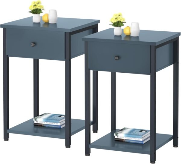 Ecoprsio Nightstand Set of 2 Modern End Table Side Table with Drawer and Storage Shelf Wood Night Stand Dark Blue Bedside Table for Bedroom, Living Room, Sofa Couch, Hall, Easy Assembly, Dark Blue