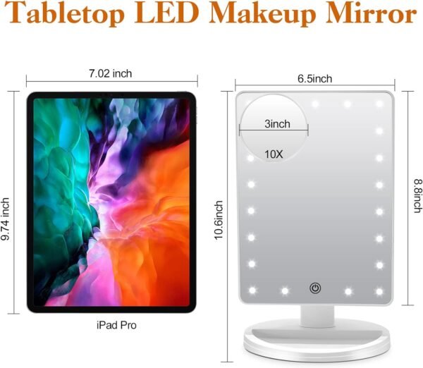 Lighted Makeup Vanity Mirror with Phone Holder and 10X Magnifying Mirror, 21 LED Lighted Mirror with Touch Sensor Dimming, 180°Adjustable Rotation, Dual Power Supply, Portable Cosmetic Mirror - Image 6