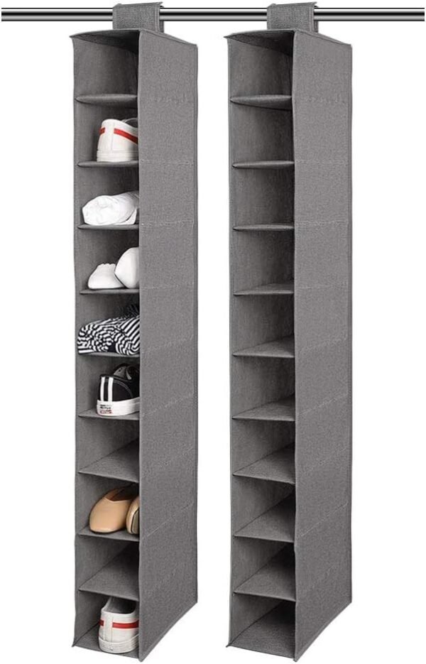 Hanging Shoe Organizer, Folded 10 Shelf Fabric Hanging Closet shoe Holder - Perfect for Storage Shoes, Handbags, Hats, Socks, Scarves, Toys, etc (Grey - 2 Pack)