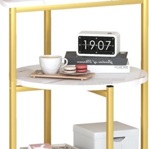 AWQM Marble Side End Table, 3-Tier Sofa Side Table,Small Round Coffee Table Bedside Table, Corner Table w/Metal Frame for Living Room Bedroom, White+Gold