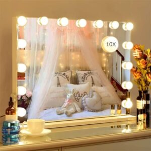 Zdorzi 22.8″x 18.1″ Vanity Mirror Makeup Mirror with Lights,10X Large Hollywood Lighted Vanity Mirror with 15 Dimmable LED Bulbs,3 Color Modes,Touch Control for Bedroom,Tabletop or Wall-Mounted